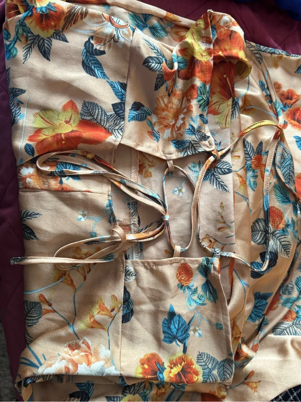 Boohoo Beige Floral Midi Slip Dress with Blue & Orange Flowers